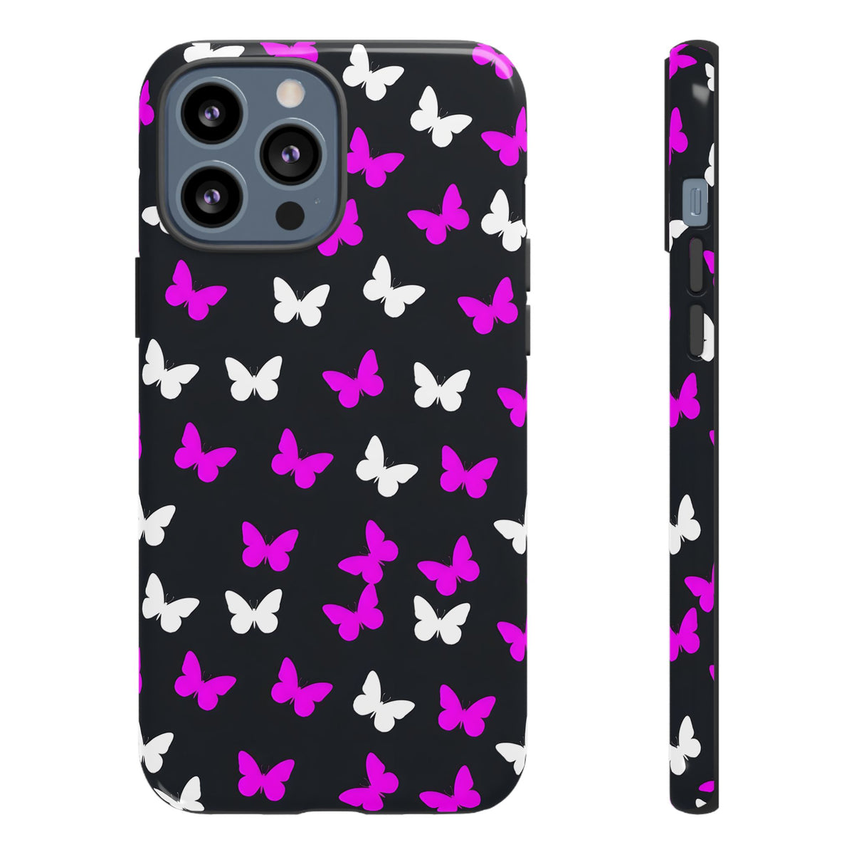 Butterfly Pattern Phone Case — Pink & White Butterflies on Black Tough Case