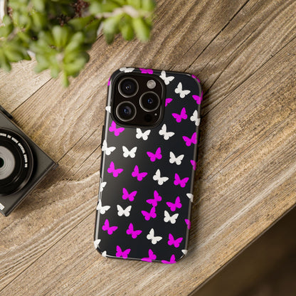 Butterfly Pattern Phone Case — Pink & White Butterflies on Black Tough Case