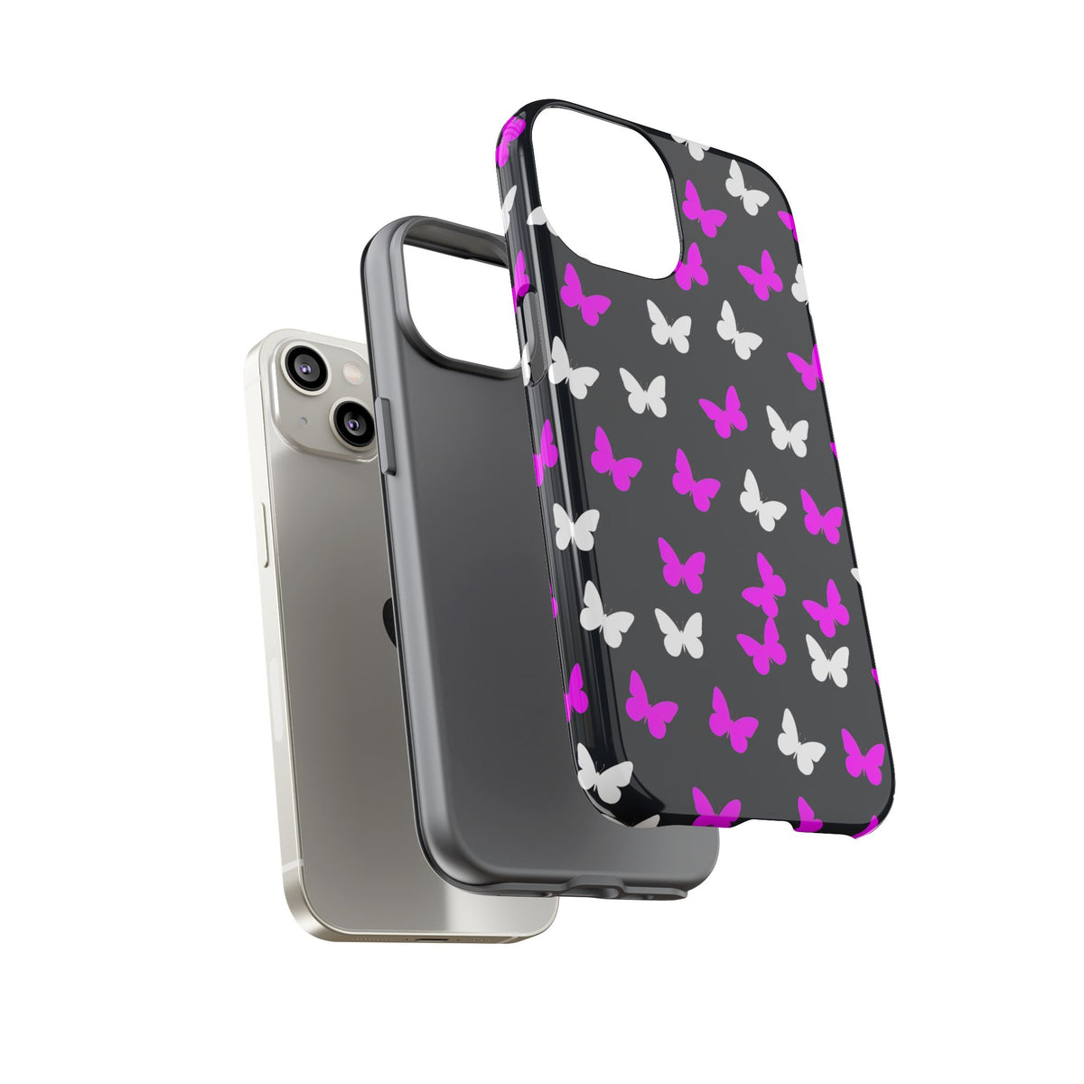 Butterfly Pattern Phone Case — Pink & White Butterflies on Black Tough Case
