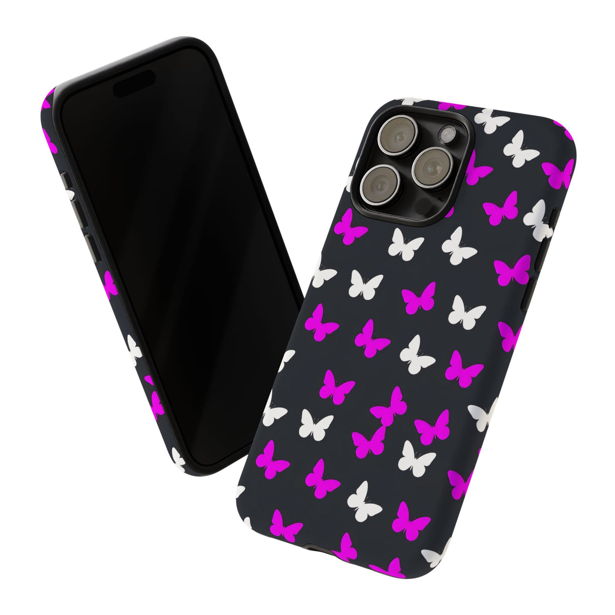 Butterfly Pattern Phone Case — Pink & White Butterflies on Black Tough Case