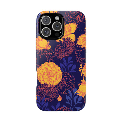 Floral Tough Phone Case — Bold Yellow Marigold Pattern on Deep Navy
