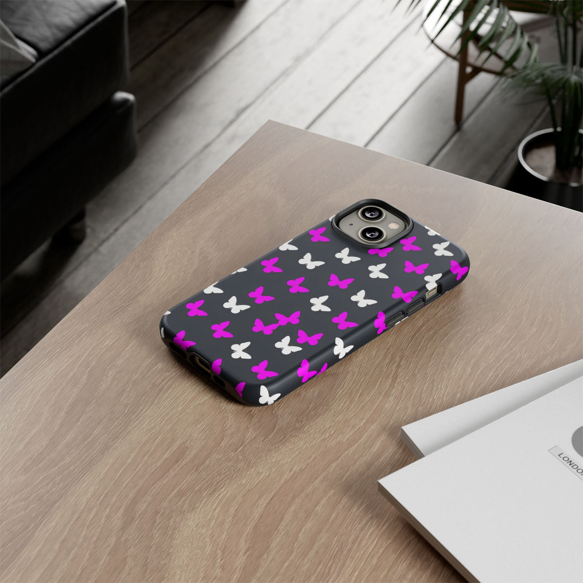 Butterfly Pattern Phone Case — Pink & White Butterflies on Black Tough Case