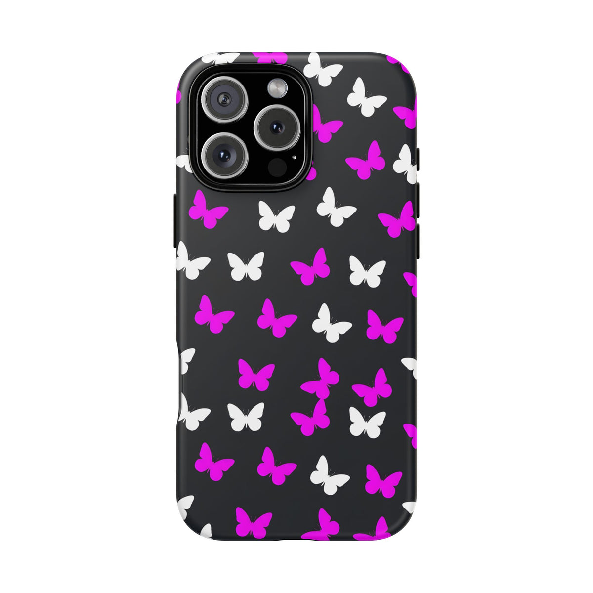 Butterfly Pattern Phone Case — Pink & White Butterflies on Black Tough Case