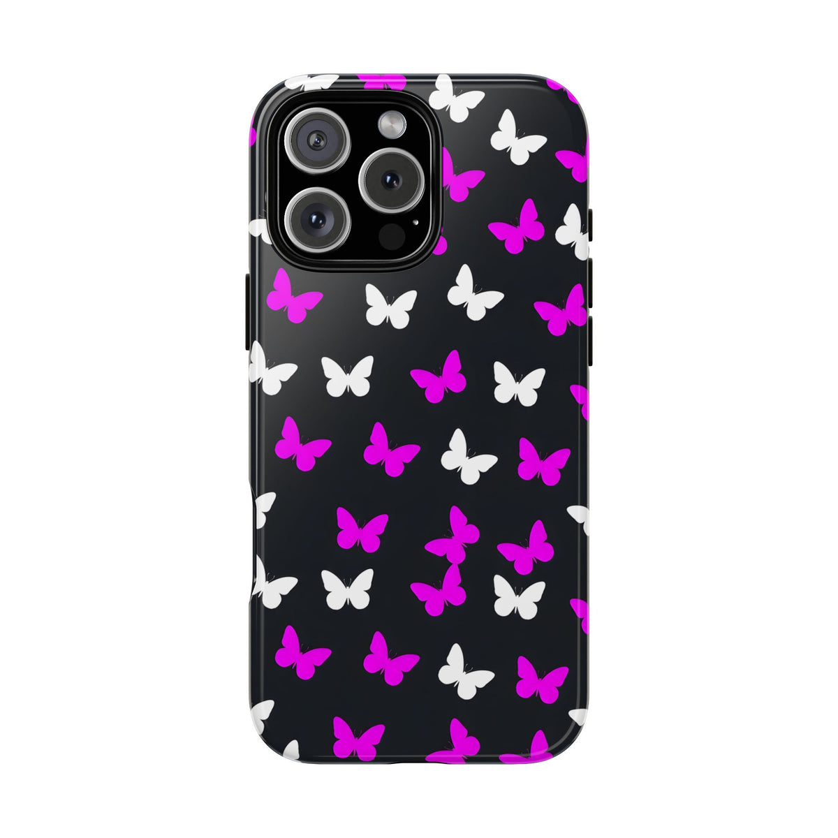 Butterfly Pattern Phone Case — Pink & White Butterflies on Black Tough Case
