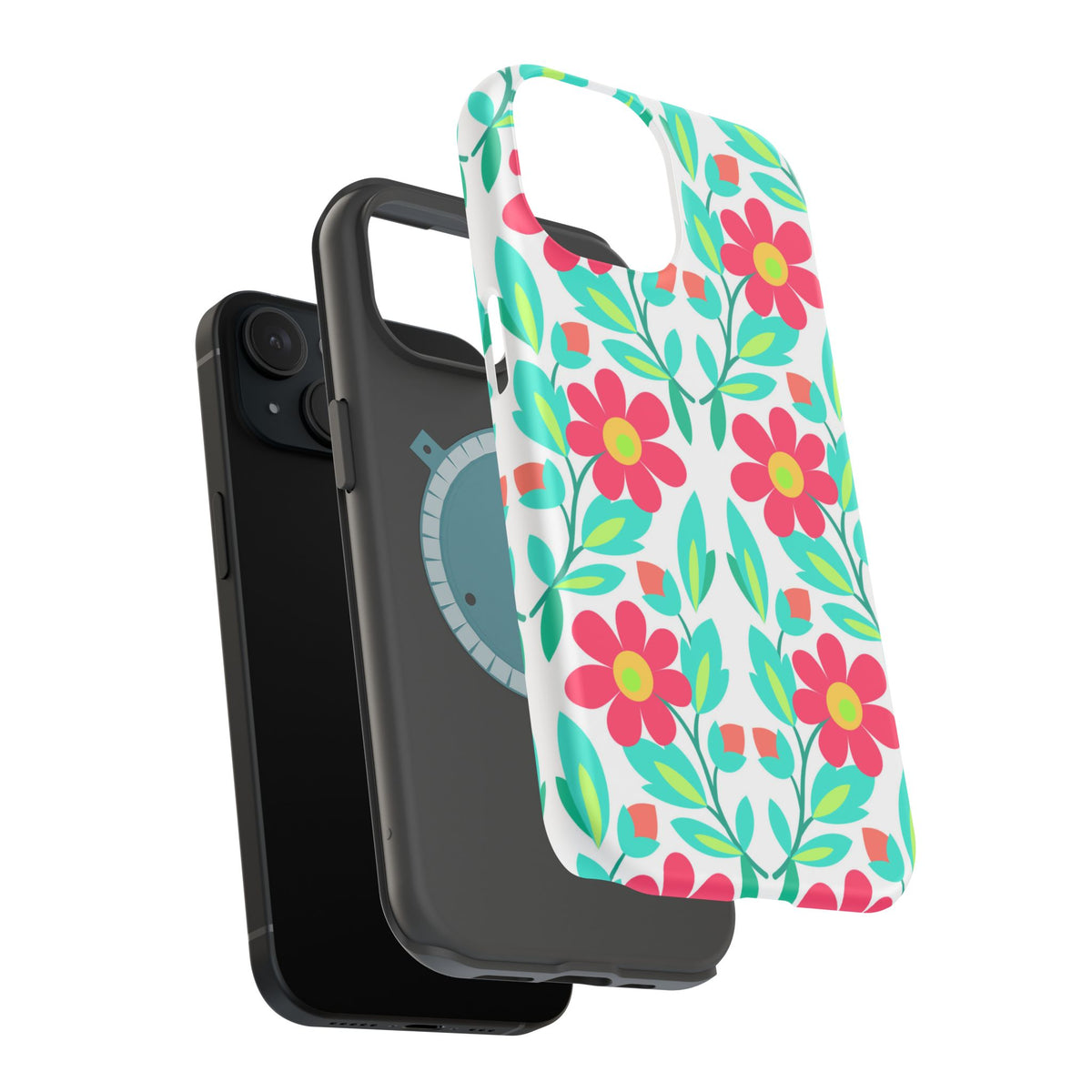 Floral Magnetic Impact-Resistant Phone Case — Pink & Teal Flower Pattern