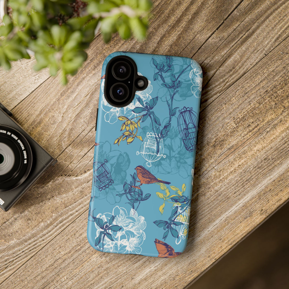 Floral Bird Tough Phone Case — Blue Birdcage Pattern