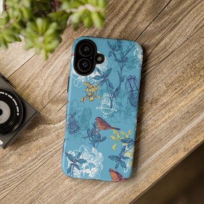 Floral Bird Tough Phone Case — Blue Birdcage Pattern