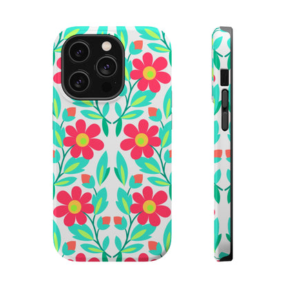 Floral Magnetic Impact-Resistant Phone Case — Pink & Teal Flower Pattern