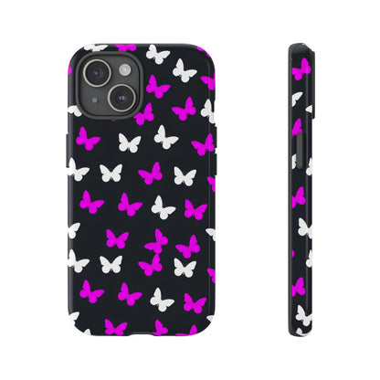 Butterfly Pattern Phone Case — Pink & White Butterflies on Black Tough Case