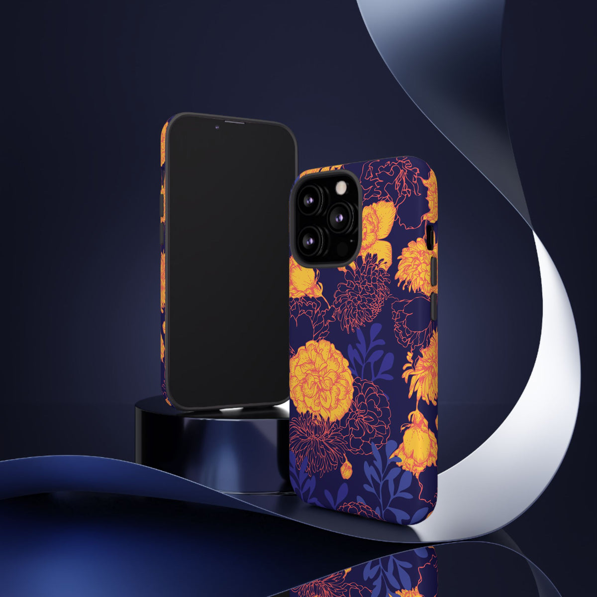 Floral Tough Phone Case — Bold Yellow Marigold Pattern on Deep Navy