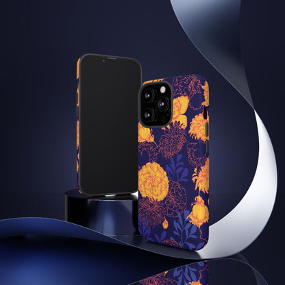 Floral Tough Phone Case — Bold Yellow Marigold Pattern on Deep Navy