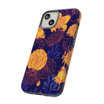 Floral Tough Phone Case — Bold Yellow Marigold Pattern on Deep Navy