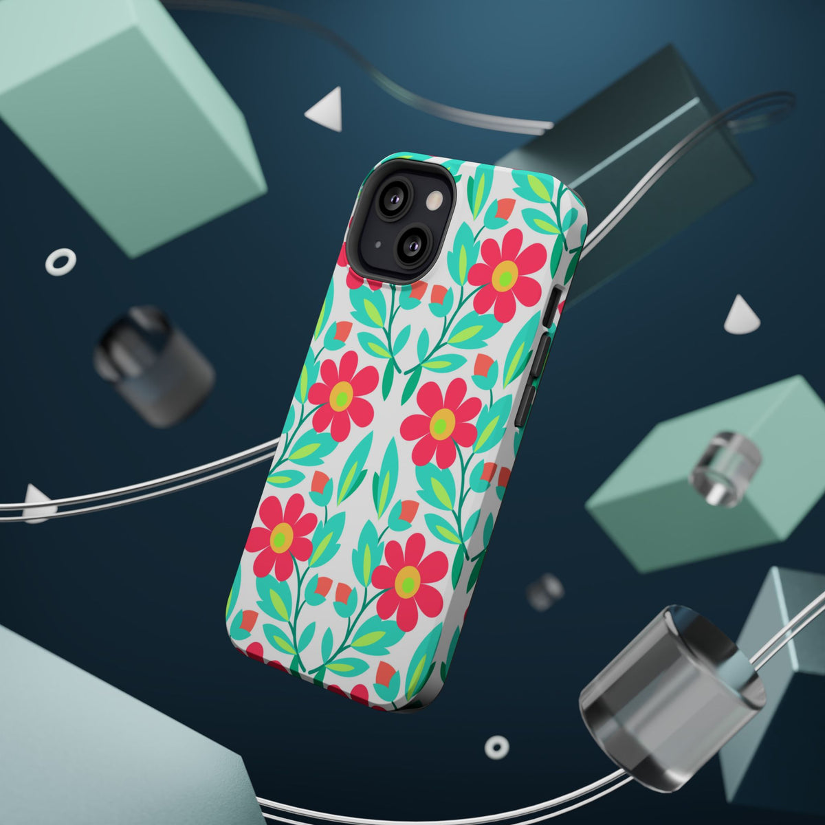 Floral Magnetic Impact-Resistant Phone Case — Pink & Teal Flower Pattern