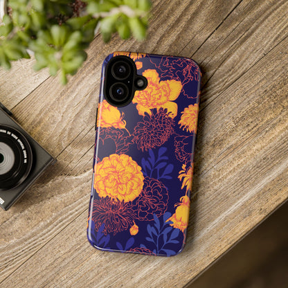 Floral Tough Phone Case — Bold Yellow Marigold Pattern on Deep Navy