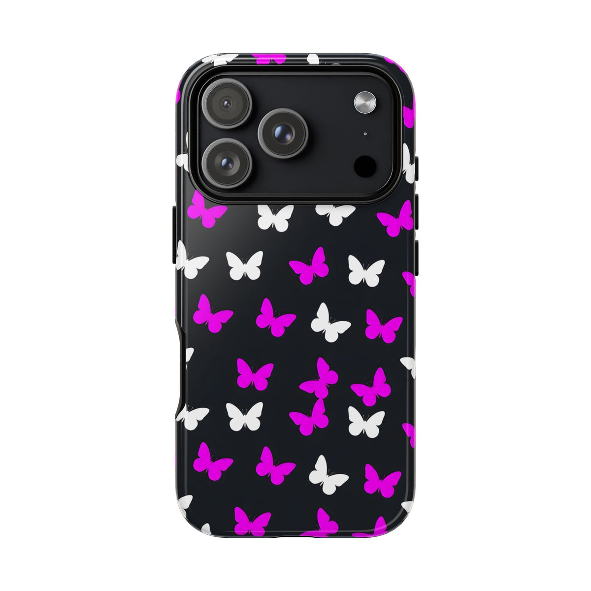Butterfly Pattern Phone Case — Pink & White Butterflies on Black Tough Case
