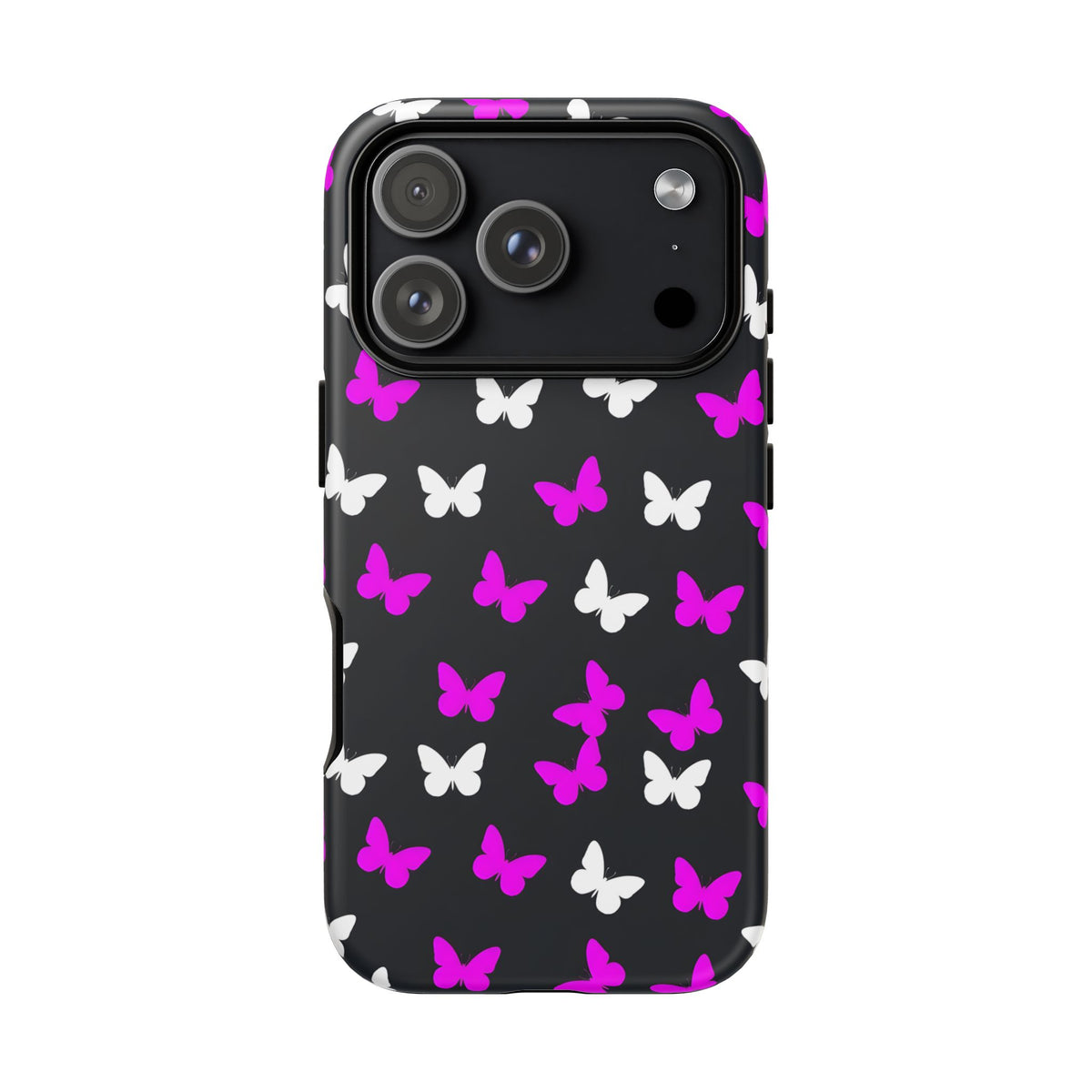 Butterfly Pattern Phone Case — Pink & White Butterflies on Black Tough Case