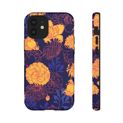 Floral Tough Phone Case — Bold Yellow Marigold Pattern on Deep Navy