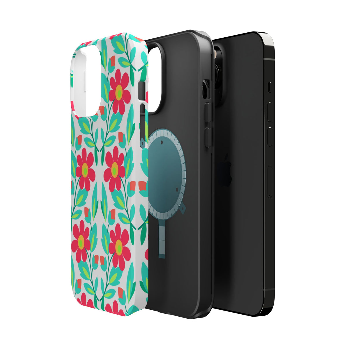 Floral Magnetic Impact-Resistant Phone Case — Pink & Teal Flower Pattern