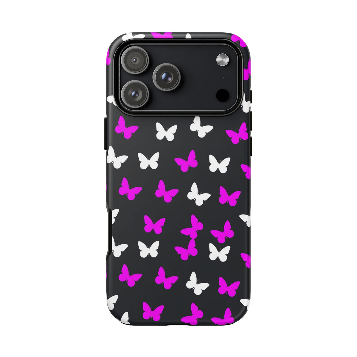Butterfly Pattern Phone Case — Pink & White Butterflies on Black Tough Case