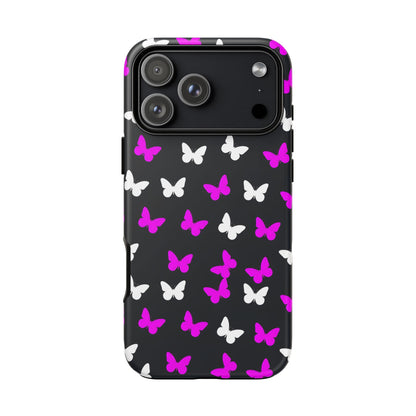 Butterfly Pattern Phone Case — Pink & White Butterflies on Black Tough Case