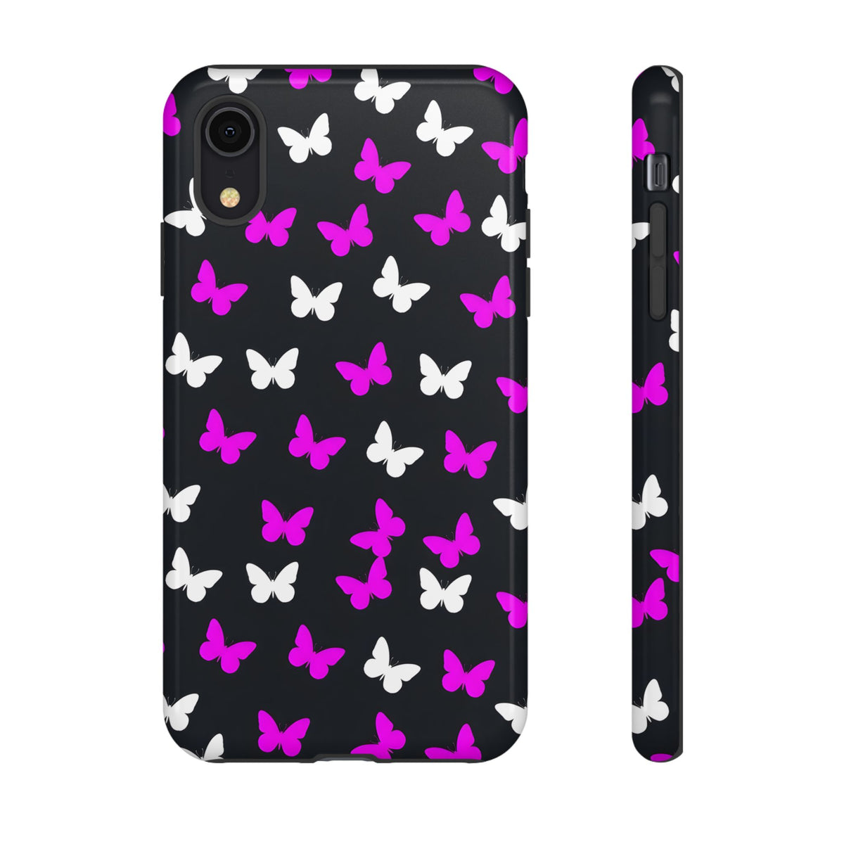 Butterfly Pattern Phone Case — Pink & White Butterflies on Black Tough Case