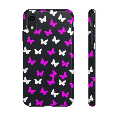 Butterfly Pattern Phone Case — Pink & White Butterflies on Black Tough Case