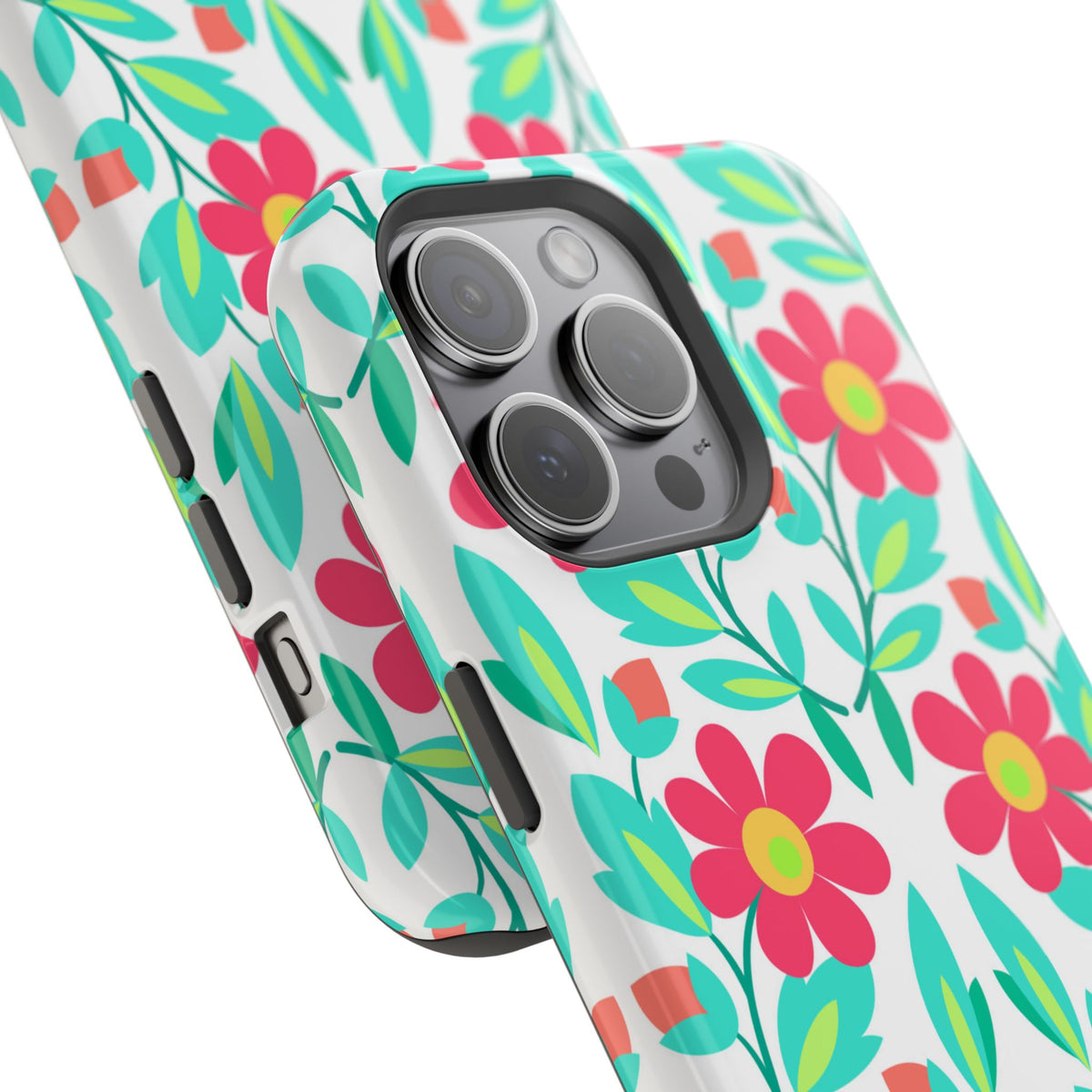 Floral Magnetic Impact-Resistant Phone Case — Pink & Teal Flower Pattern