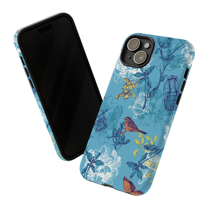 Floral Bird Tough Phone Case — Blue Birdcage Pattern