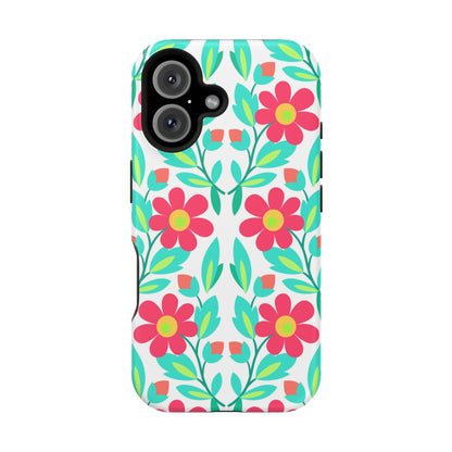 Floral Magnetic Impact-Resistant Phone Case — Pink & Teal Flower Pattern
