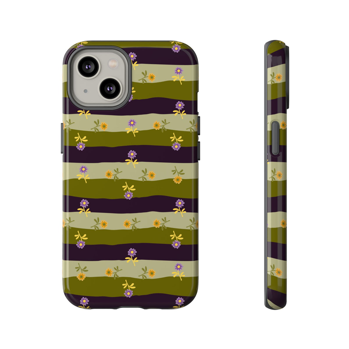 Floral Stripe Tough Phone Case — Olive & Plum Protective Cover