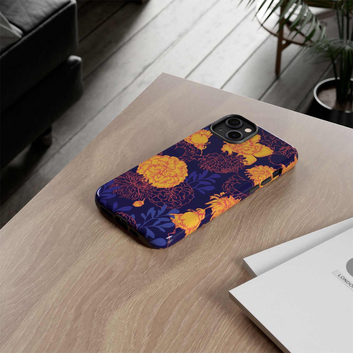 Floral Tough Phone Case — Bold Yellow Marigold Pattern on Deep Navy