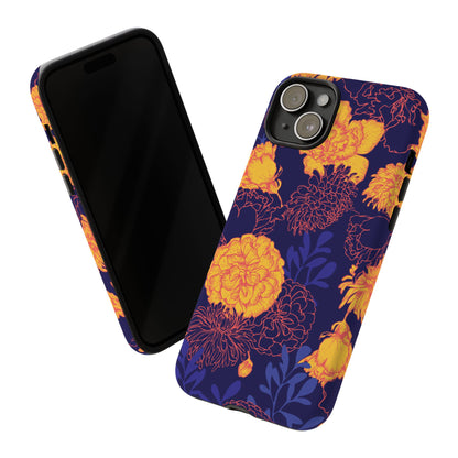 Floral Tough Phone Case — Bold Yellow Marigold Pattern on Deep Navy