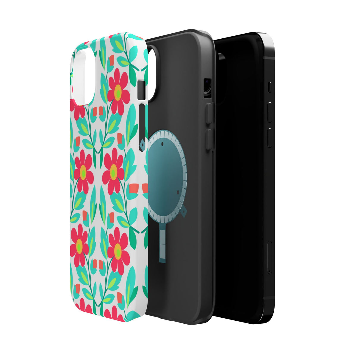 Floral Magnetic Impact-Resistant Phone Case — Pink & Teal Flower Pattern