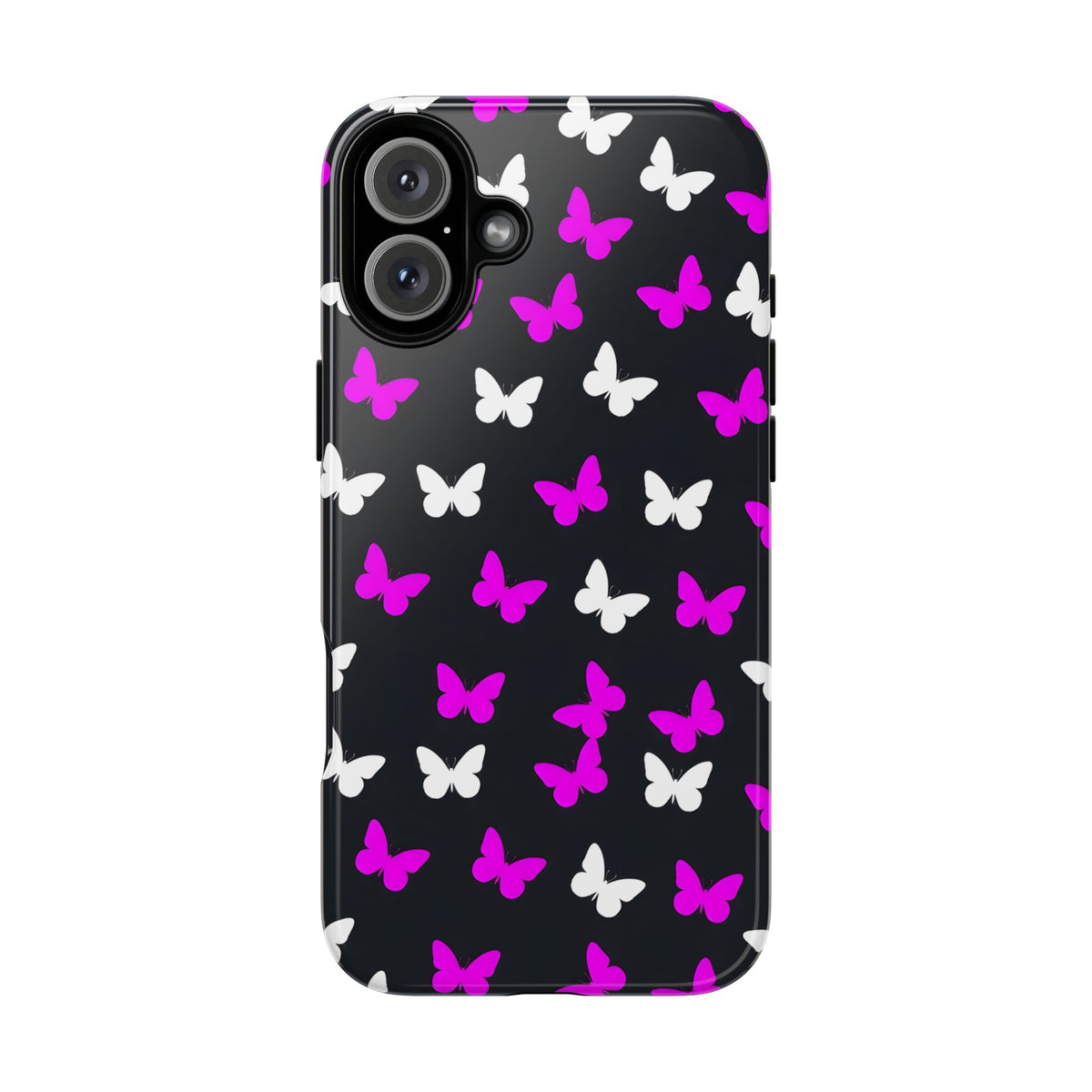 Butterfly Pattern Phone Case — Pink & White Butterflies on Black Tough Case