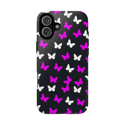 Butterfly Pattern Phone Case — Pink & White Butterflies on Black Tough Case