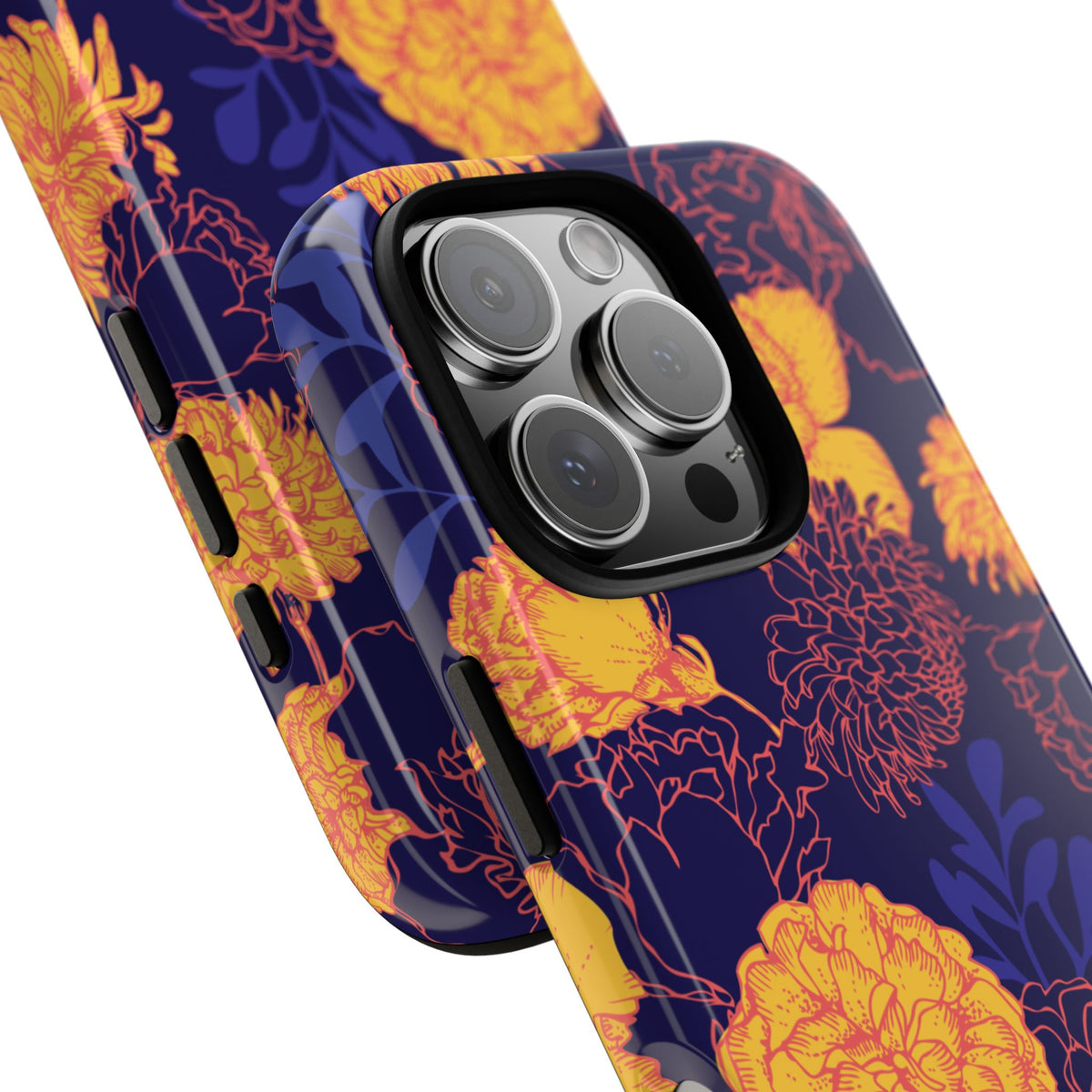 Floral Tough Phone Case — Bold Yellow Marigold Pattern on Deep Navy