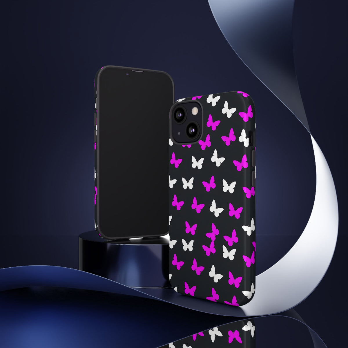 Butterfly Pattern Phone Case — Pink & White Butterflies on Black Tough Case
