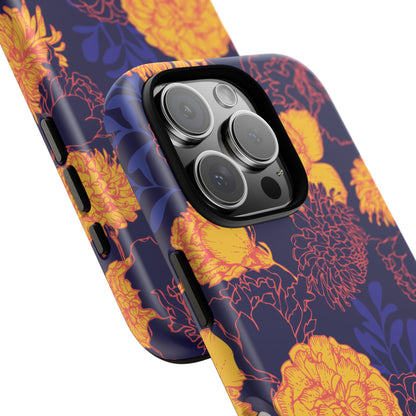 Floral Tough Phone Case — Bold Yellow Marigold Pattern on Deep Navy