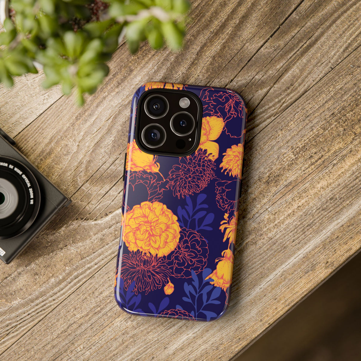 Floral Tough Phone Case — Bold Yellow Marigold Pattern on Deep Navy
