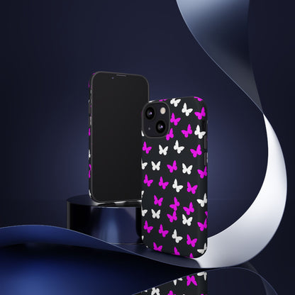 Butterfly Pattern Phone Case — Pink & White Butterflies on Black Tough Case
