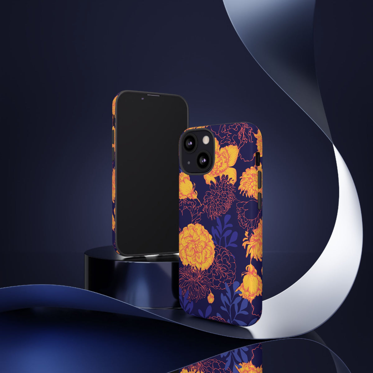 Floral Tough Phone Case — Bold Yellow Marigold Pattern on Deep Navy