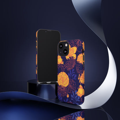 Floral Tough Phone Case — Bold Yellow Marigold Pattern on Deep Navy