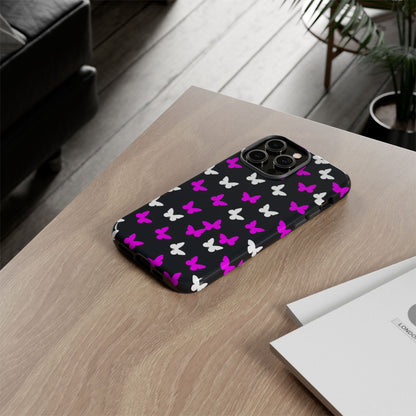 Butterfly Pattern Phone Case — Pink & White Butterflies on Black Tough Case
