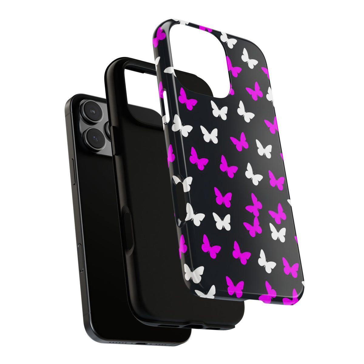 Butterfly Pattern Phone Case — Pink & White Butterflies on Black Tough Case
