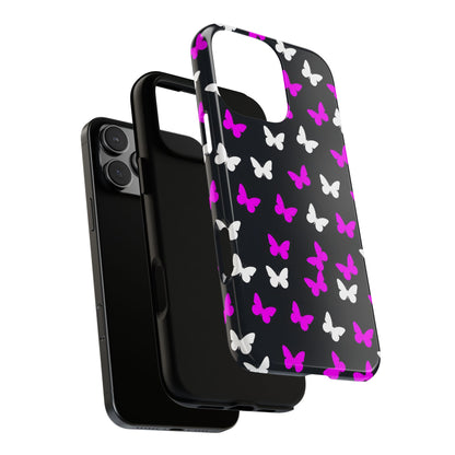 Butterfly Pattern Phone Case — Pink & White Butterflies on Black Tough Case