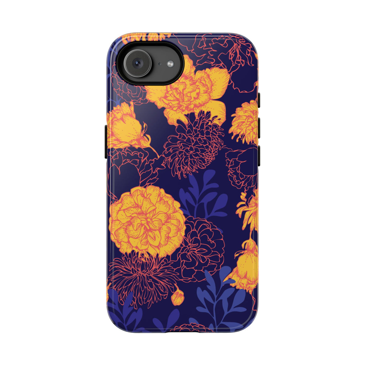 Floral Tough Phone Case — Bold Yellow Marigold Pattern on Deep Navy