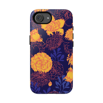 Floral Tough Phone Case — Bold Yellow Marigold Pattern on Deep Navy