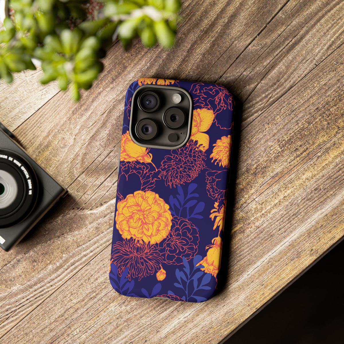 Floral Tough Phone Case — Bold Yellow Marigold Pattern on Deep Navy