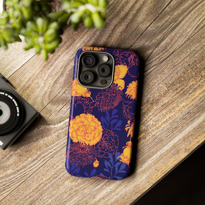 Floral Tough Phone Case — Bold Yellow Marigold Pattern on Deep Navy