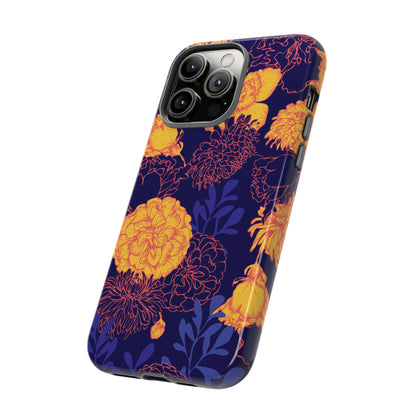 Floral Tough Phone Case — Bold Yellow Marigold Pattern on Deep Navy